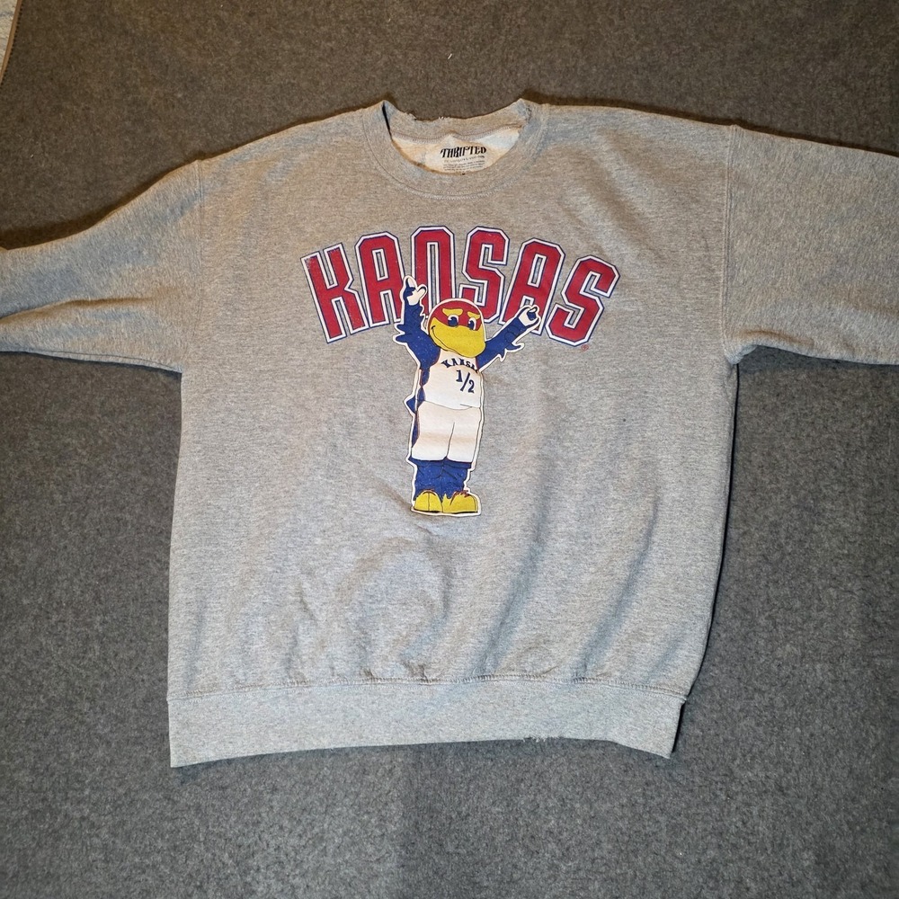 Ku Jayhawks Cartoon Mascot Gray Thrifted Sweatshirt Medium